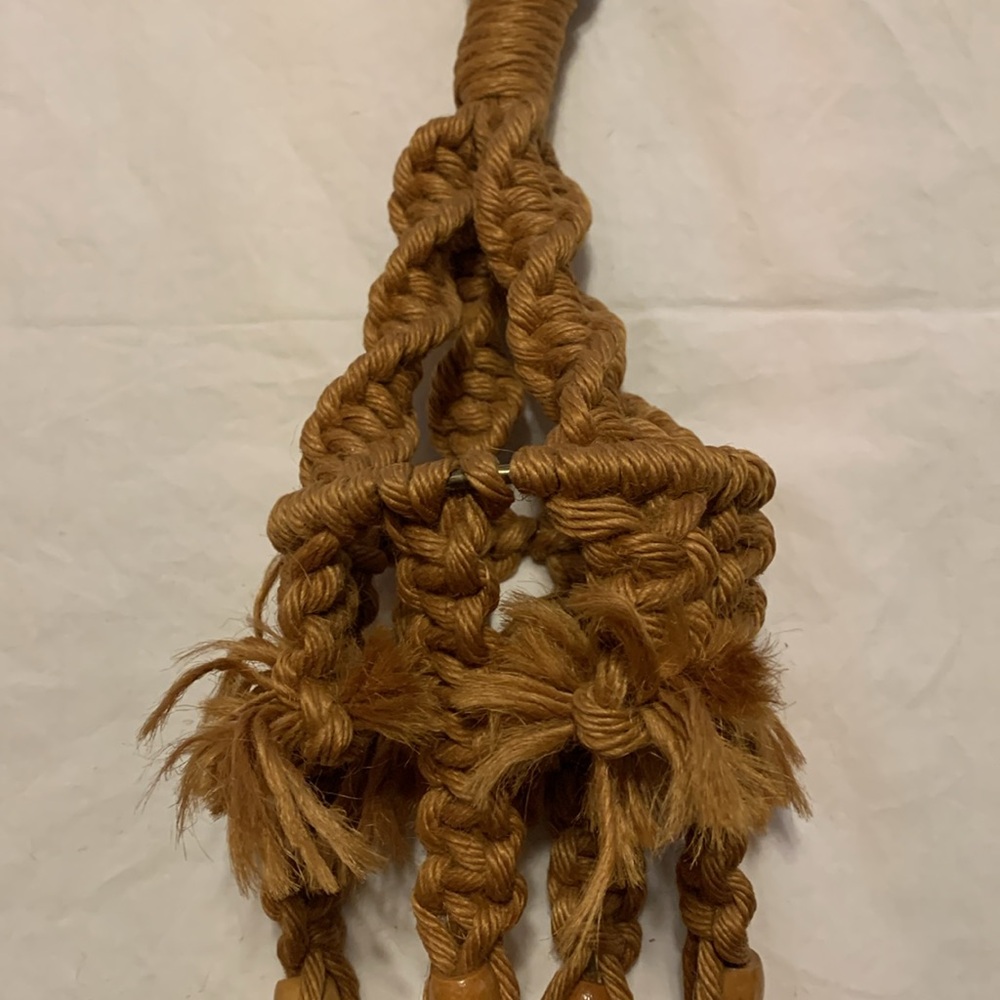 Boho Macramé Plant Holder Handmade Craft Brown Wooden Beads Porch Herb Garden - Picture 8 of 10